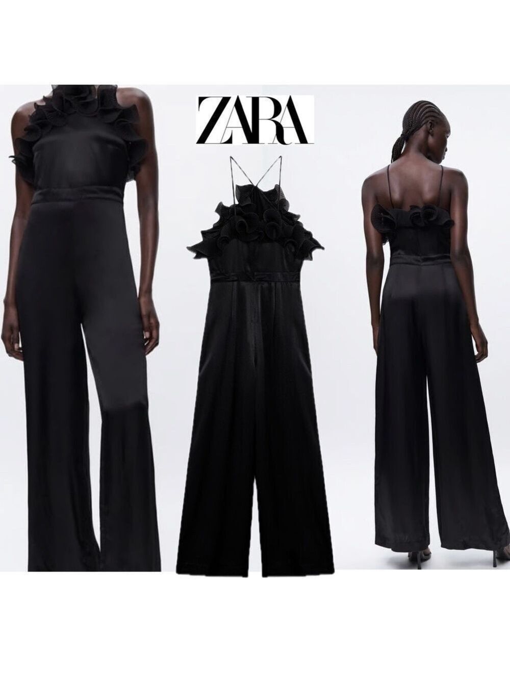 Zara black ruffle frill halter top spaghetti strap wide leg jumpsuit Sz S NWOT